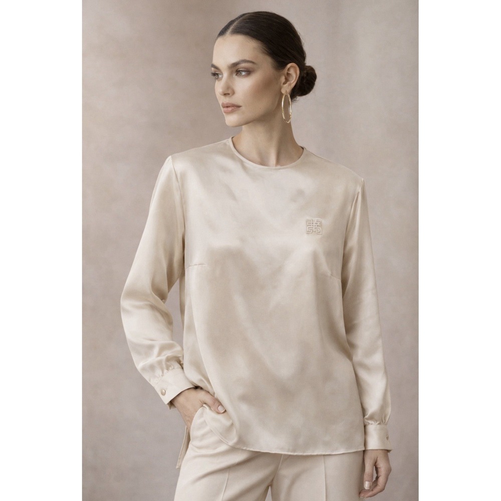 Vtg Givenchy Satin Blouse Champagne Embroidered Logo Women's 18W Quiet Luxury